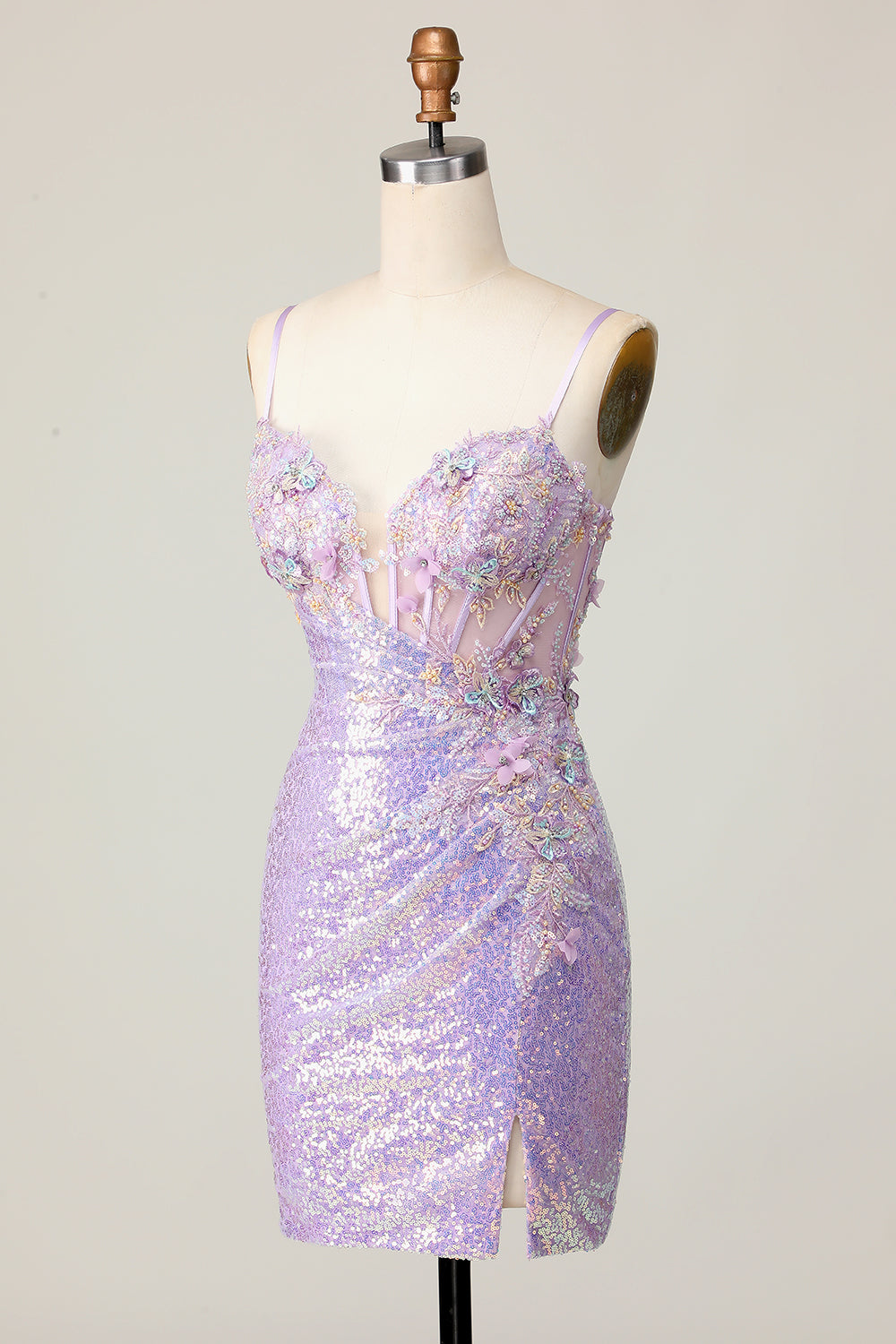 Sparkly Lilac Bodycon Sequins Short Corset Cocktail Dress with 3D Flowers