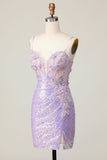 Sparkly Lilac Bodycon Sequins Short Corset Cocktail Dress with 3D Flowers