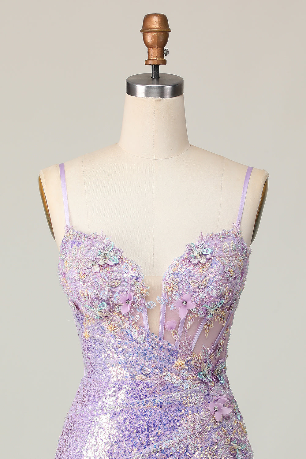 Sparkly Lilac Bodycon Sequins Short Corset Cocktail Dress with 3D Flowers