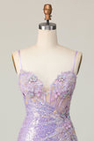 Sparkly Lilac Bodycon Sequins Short Corset Cocktail Dress with 3D Flowers