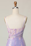 Sparkly Lilac Bodycon Sequins Short Corset Cocktail Dress with 3D Flowers