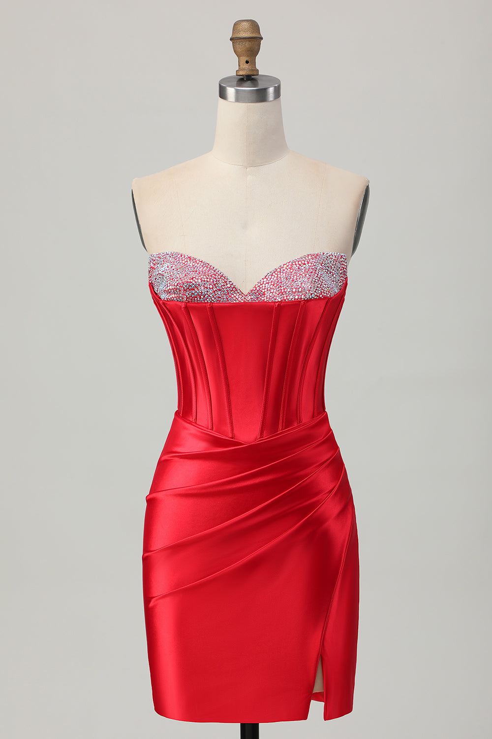 Sparkly Red Bodycon Beaded Corset Short Cocktail Dress with Slit
