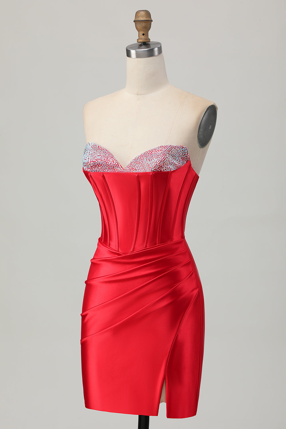 Sparkly Red Bodycon Beaded Corset Short Cocktail Dress with Slit