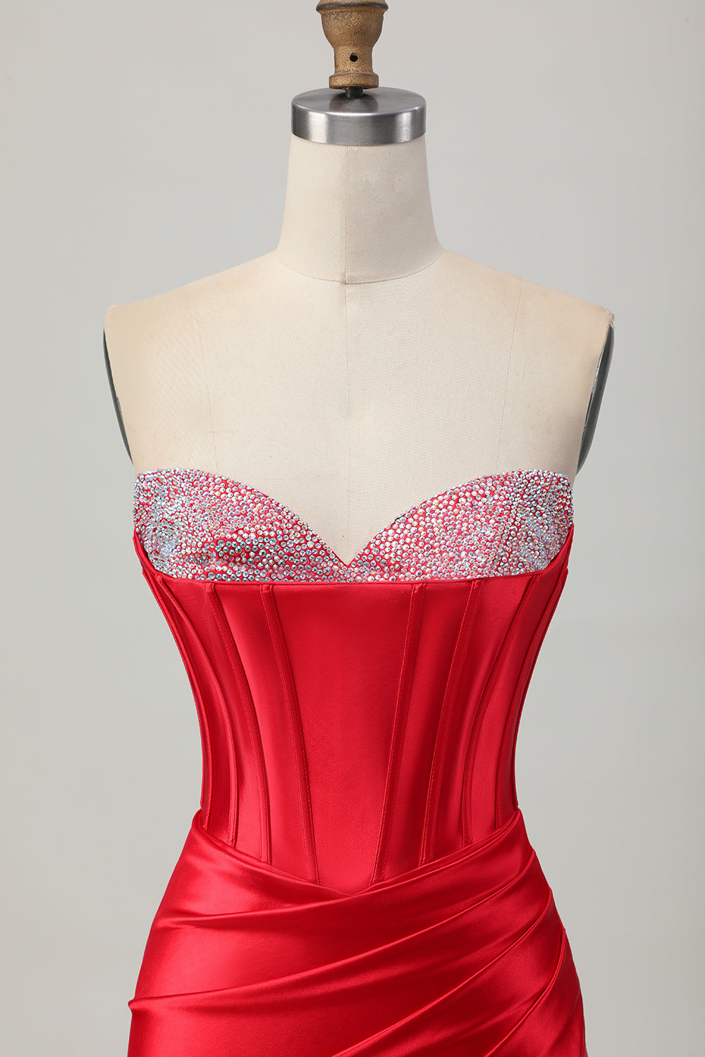 Sparkly Red Bodycon Beaded Corset Short Cocktail Dress with Slit