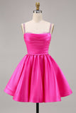 Sparkly Fuchsia Satin A Line Short Cocktail Dress with Beading