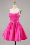 Sparkly Fuchsia Satin A Line Short Cocktail Dress with Beading