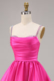 Sparkly Fuchsia Satin A Line Short Cocktail Dress with Beading