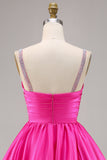 Sparkly Fuchsia Satin A Line Short Cocktail Dress with Beading