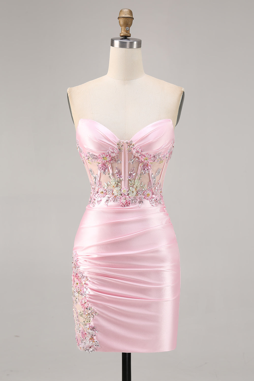 Sparkly Candy Pink Satin Floral Short Corset Cocktail Dress with Applique