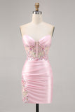 Sparkly Candy Pink Satin Floral Short Corset Cocktail Dress with Applique