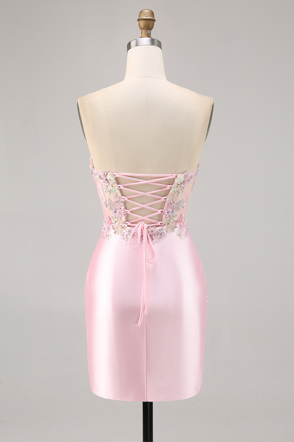 Sparkly Candy Pink Satin Floral Short Corset Cocktail Dress with Applique