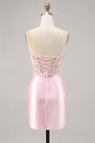 Sparkly Candy Pink Satin Floral Short Corset Cocktail Dress with Applique