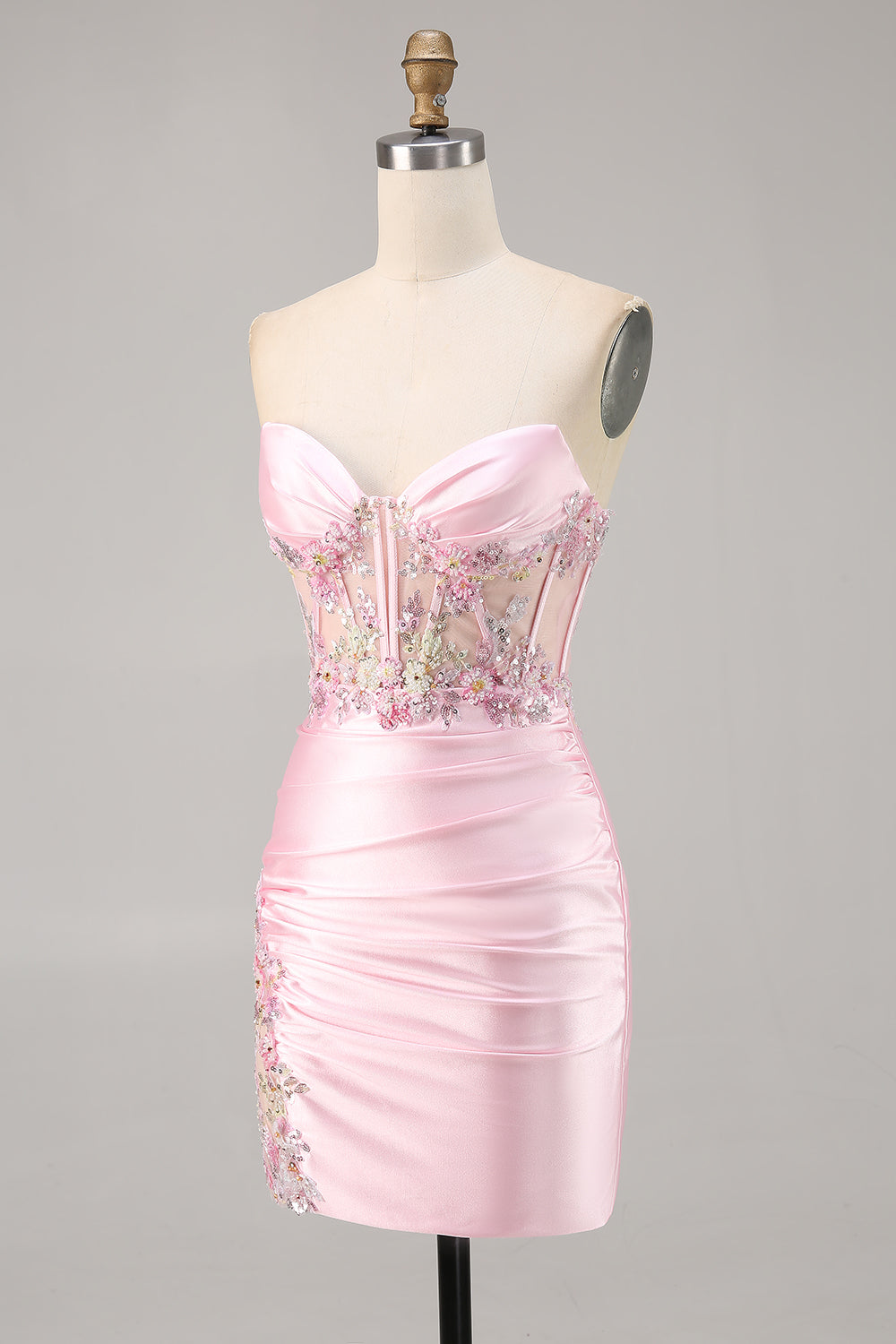 Sparkly Candy Pink Satin Floral Short Corset Cocktail Dress with Applique