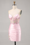 Sparkly Candy Pink Satin Floral Short Corset Cocktail Dress with Applique