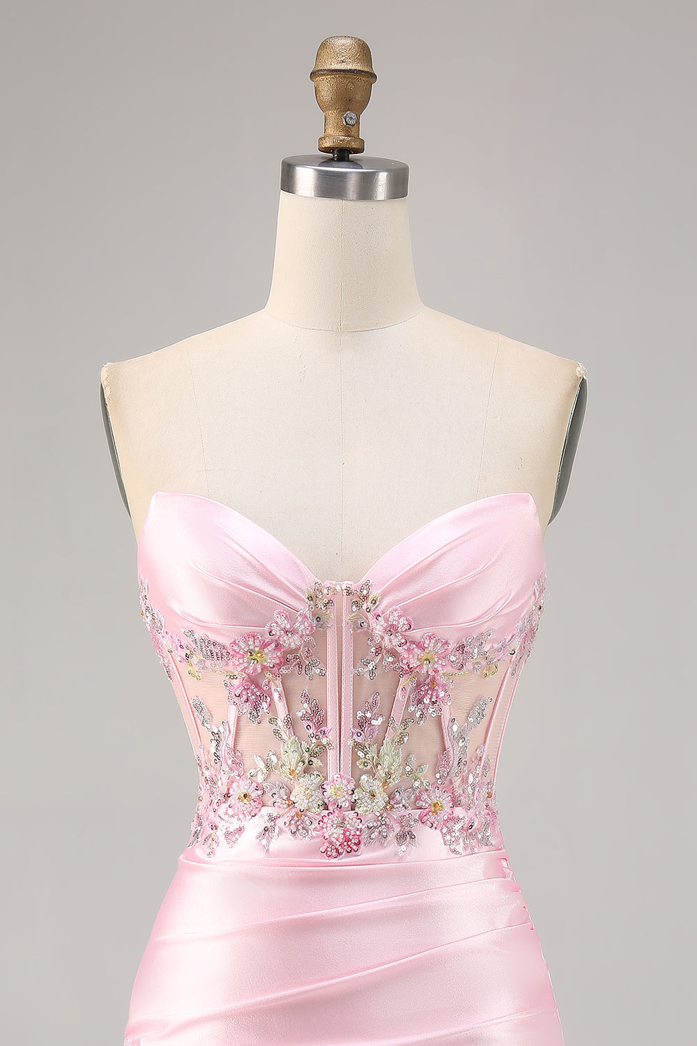 Sparkly Candy Pink Satin Floral Short Corset Cocktail Dress with Applique