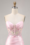 Sparkly Candy Pink Satin Floral Short Corset Cocktail Dress with Applique