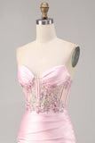 Sparkly Candy Pink Satin Floral Short Corset Cocktail Dress with Applique