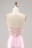 Sparkly Candy Pink Satin Floral Short Corset Cocktail Dress with Applique