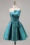 Sparkly Metallic Strapless Peacock Green Ruched A Line Homecoming Dress
