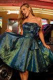 Sparkly Metallic Strapless Peacock Green Ruched A Line Homecoming Dress