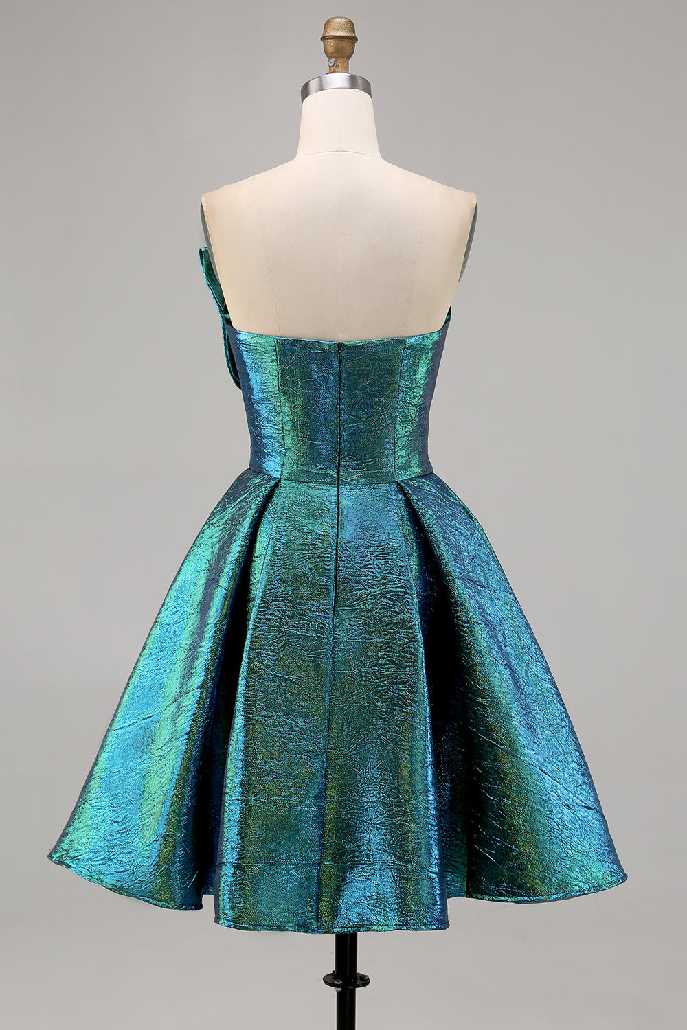 Sparkly Metallic Strapless Peacock Green Ruched A Line Homecoming Dress