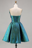 Sparkly Metallic Strapless Peacock Green Ruched A Line Homecoming Dress