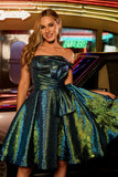 Sparkly Metallic Strapless Peacock Green Ruched A Line Homecoming Dress