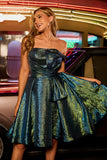 Sparkly Metallic Strapless Peacock Green Ruched A Line Homecoming Dress