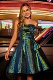 Sparkly Metallic Strapless Peacock Green Ruched A Line Homecoming Dress