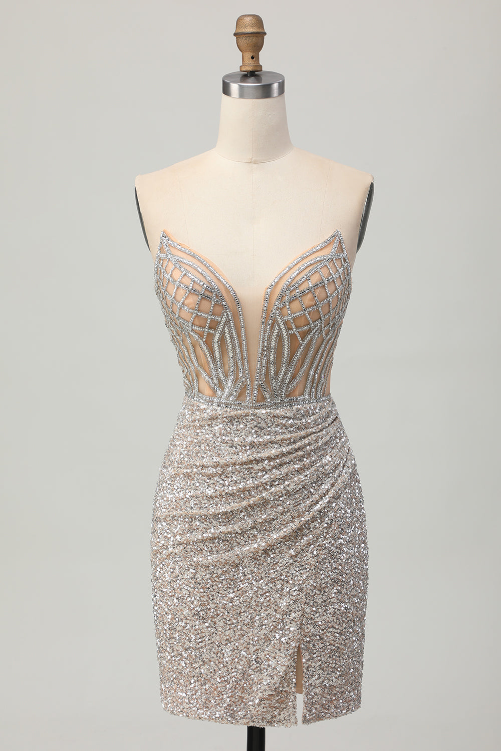 Sparkly Silver Bodycon Strapless Sequins Homecoming Dress with Slit