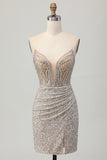 Sparkly Silver Bodycon Strapless Sequins Homecoming Dress with Slit