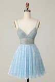 Sparkly Sequins Light Blue Short Cocktail Dress with Beading
