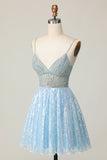 Sparkly Sequins Light Blue Short Cocktail Dress with Beading