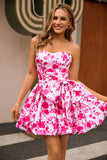 Strapless Fuchsia A Line Floral Homecoming Dress with Bow