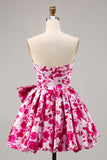 Strapless Fuchsia A Line Floral Homecoming Dress with Bow