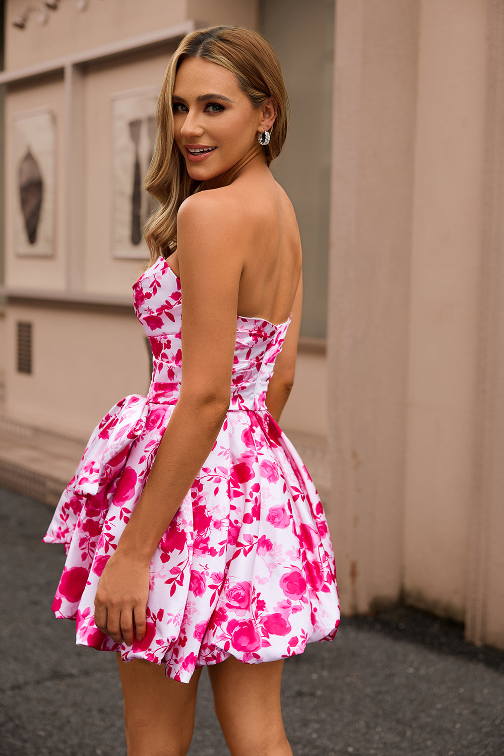 Strapless Fuchsia A Line Floral Homecoming Dress with Bow