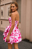 Strapless Fuchsia A Line Floral Homecoming Dress with Bow