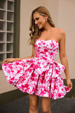 Strapless Fuchsia A Line Floral Homecoming Dress with Bow