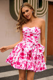 Strapless Fuchsia A Line Floral Homecoming Dress with Bow