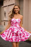 Strapless Fuchsia A Line Floral Homecoming Dress with Bow