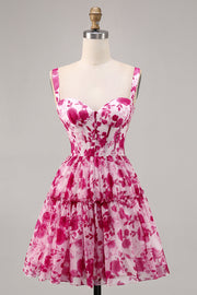 Floral Fuchsia A Line Short Corset Cocktail Dress