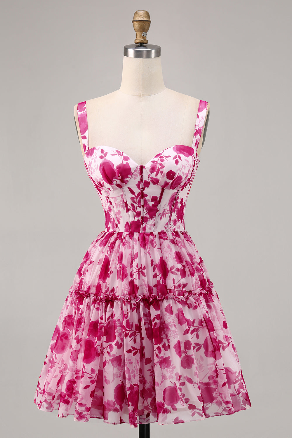 Fuchsia Floral Corset A Line Printed Homecoming Dress