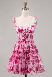 Fuchsia Floral Corset A Line Printed Homecoming Dress
