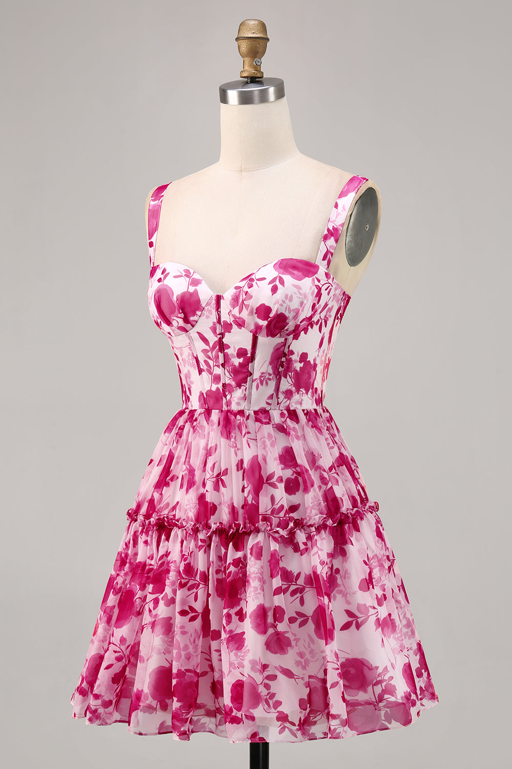 Floral Fuchsia A Line Short Corset Cocktail Dress