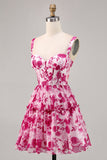 Floral Fuchsia A Line Short Corset Cocktail Dress