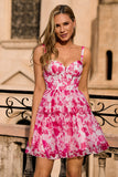 Fuchsia Floral Corset A Line Printed Homecoming Dress