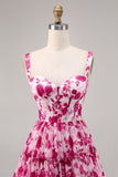 Floral Fuchsia A Line Short Corset Cocktail Dress