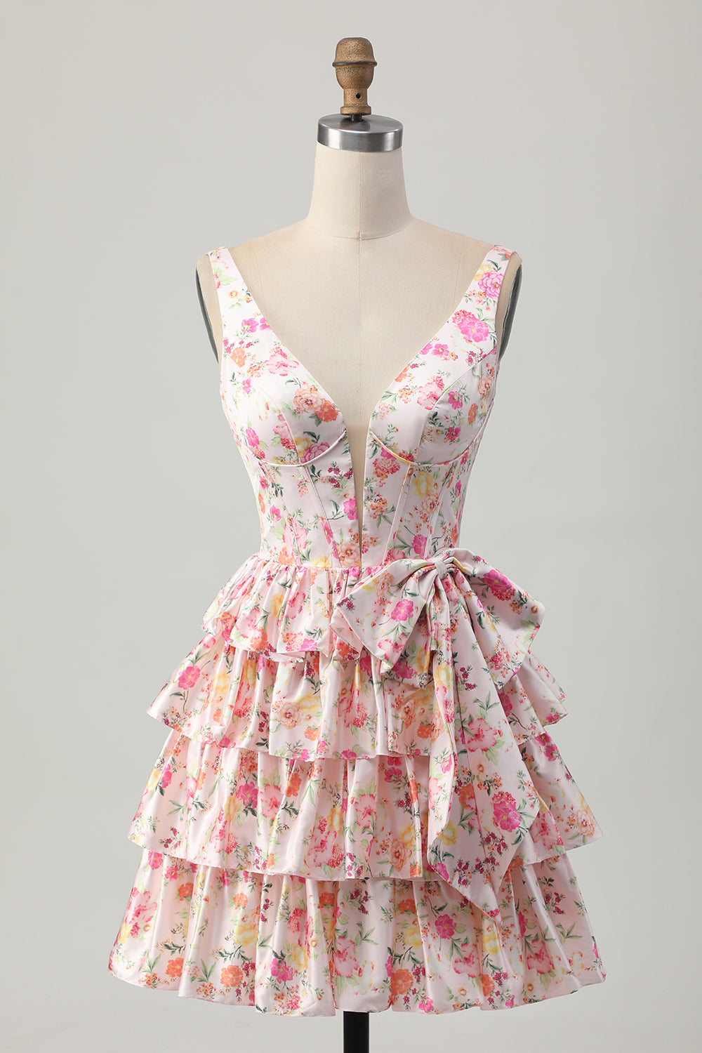 Floral Pink Corset A Line Short Cocktail Dress with Bow