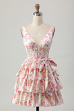 Pink Floral A Line Corset Tiered Short Homecoming Dress with Bow