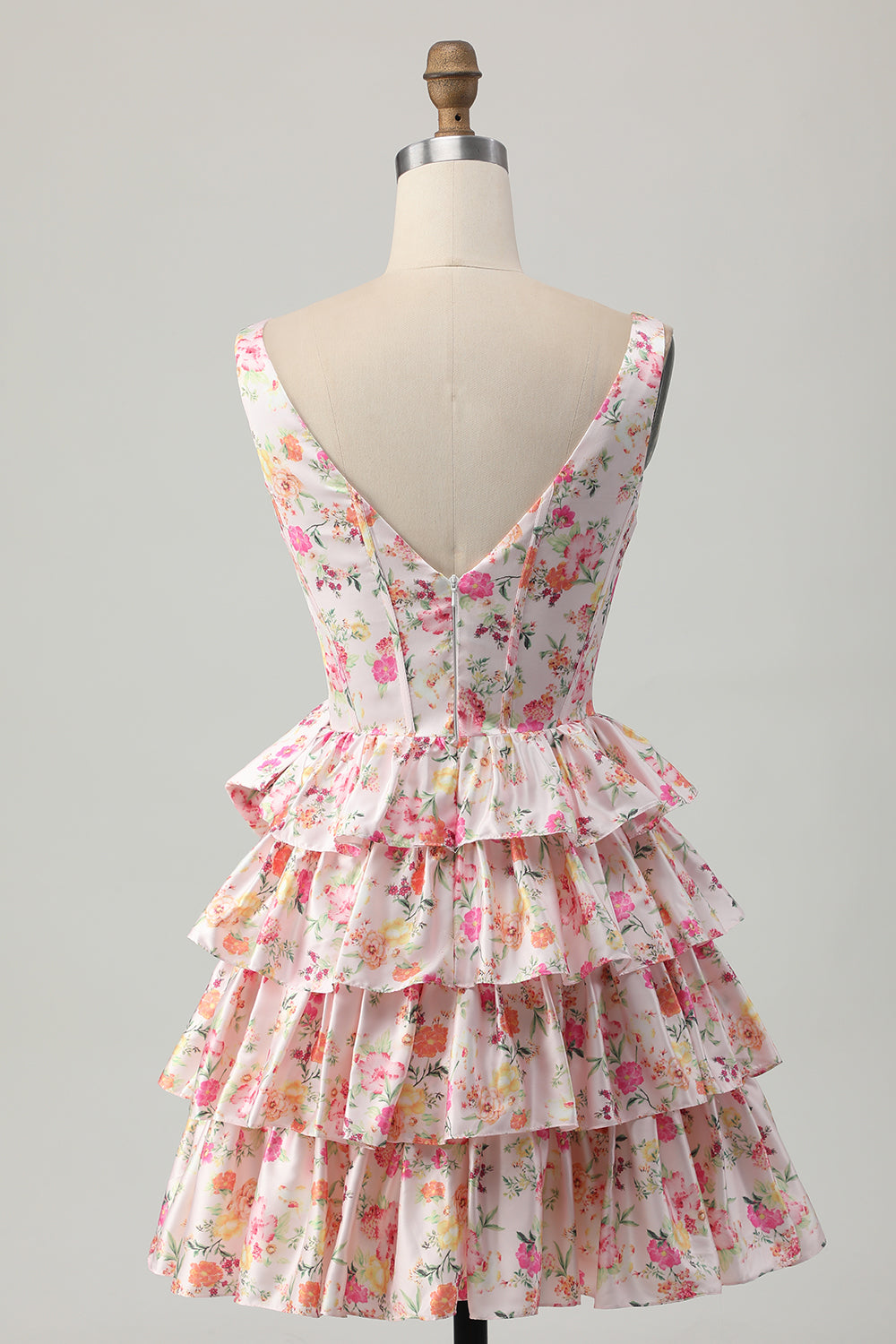 Pink Floral A Line Corset Tiered Short Homecoming Dress with Bow